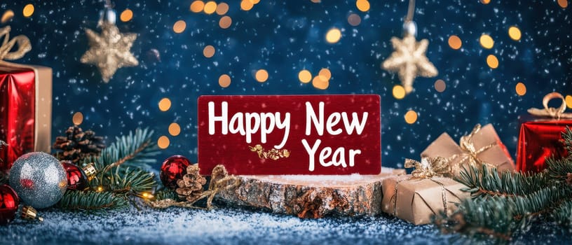 A cheerful New Year arrangement featuring a sign ornaments and wrapped gifts set against a sparkling blue background.