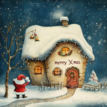 A jolly Santa waves near a charming cottage covered in snow adorned with Christmas decorations under the starry night sky.