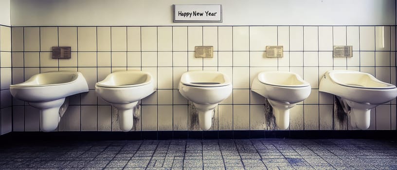 A restroom featuring five clean urinals lined up against a tiled wall with a Happy New Year sign above them creating an interesting atmosphere.