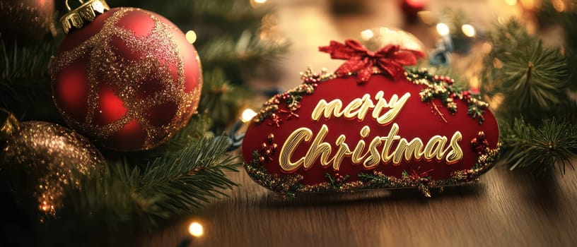 A Christmas decoration featuring a red Merry Christmas sign surrounded by festive ornaments and greenery creating a joyful holiday atmosphere.
