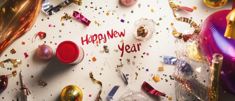 Party supplies and decorations scattered on a table celebrating the arrival of the New Year with vibrant colors and festive vibes.