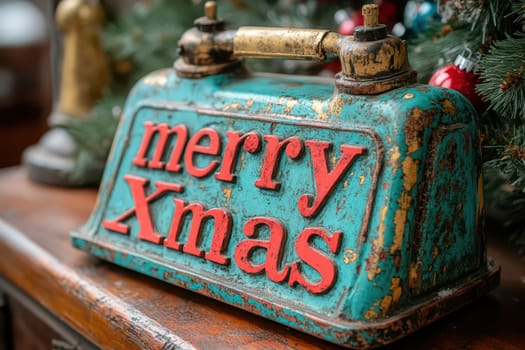A rustic metal sign displaying the words Merry Xmas sits among festive decorations capturing the holiday spirit in a cozy setting.