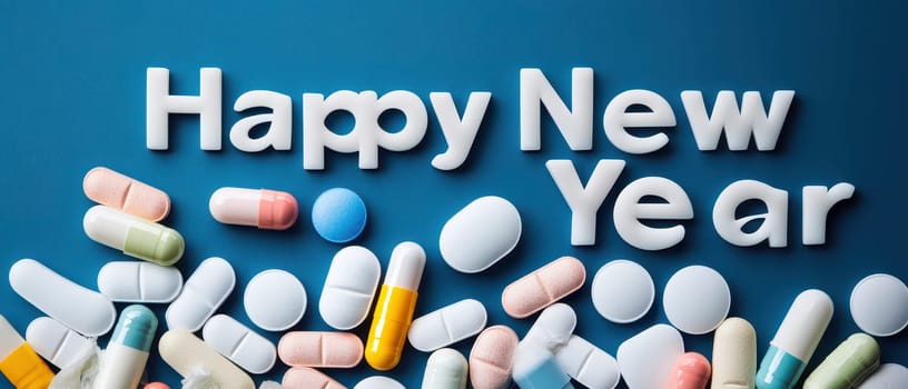 Colorful capsules and tablets arranged under a Happy New Year message on a blue surface celebrating the new years arrival.