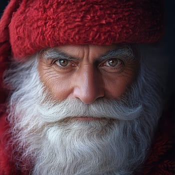 A man dressed as Santa Claus stares intently showcasing his white beard and vibrant red attire embodying the spirit of the holiday season.