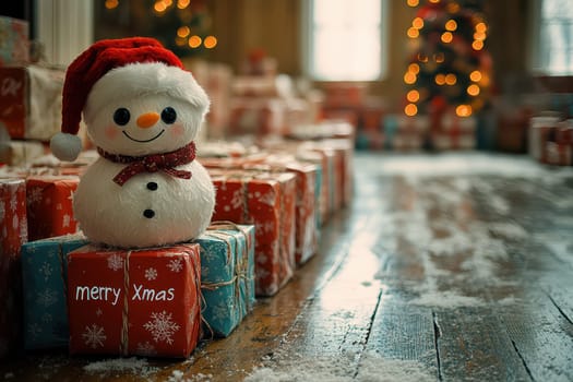 A cheerful snowman wearing a red hat sits on colorful Christmas presents in a warmly lit room filled with holiday decorations and snow.
