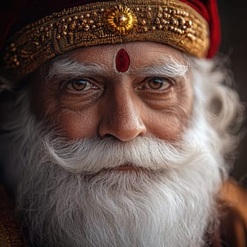 An elderly man wearing traditional attire gazes thoughtfully with a wise expression showcasing rich cultural heritage and history.