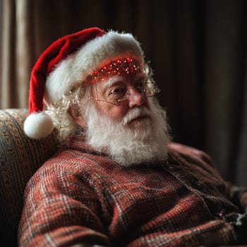An elderly man with a white beard and red hat sits comfortably enjoying a quiet moment during the festive holiday season at home.