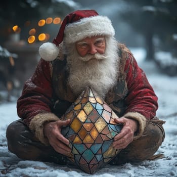A joyful Santa Claus sits in the snow cradling a stained glass lantern surrounded by a serene winter setting with soft lights.