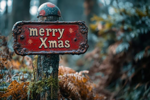A rustic sign wishing Merry Xmas stands in a winter forest surrounded by frosty leaves and muted colors evoking a cozy holiday spirit.