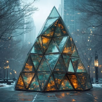 A unique glass pyramid stands illuminated amidst city buildings on a chilly evening showcasing its geometric design and soft glow.