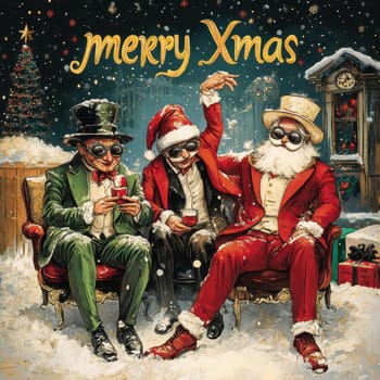 Three playful characters including Santa enjoy Christmas together in a cozy setting while celebrating the festive spirit with drinks.