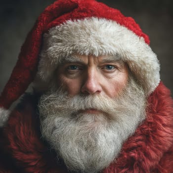 A bearded man in a bright red suit and white fur hat gazes thoughtfully while embodying the spirit of the holiday season.