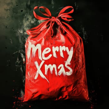A vibrant red Christmas gift bag with handwritten Merry Xmas resting against a dark surface ready for holiday celebrations.
