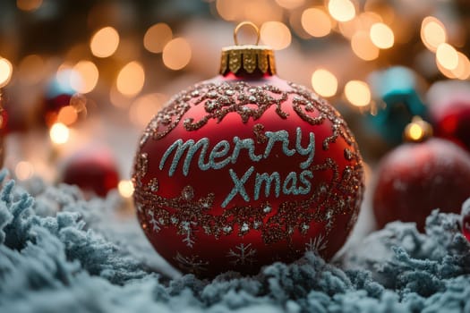 A beautiful red ornament displaying Merry Xmas rests on soft textured snow surrounded by glowing decorative lights in a festive setting.