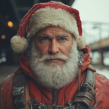 A man dressed as Santa Claus stands outdoors in a winter coat surrounded by snow and a cold atmosphere creating a festive mood.