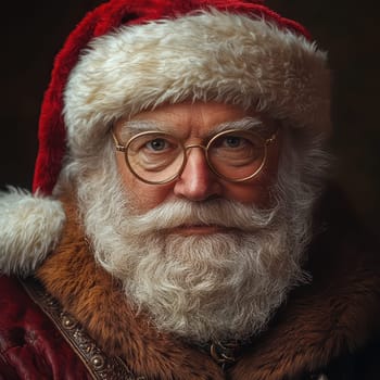 A joyful Santa Claus with glasses and a fluffy hat exudes holiday cheer inviting everyone to celebrate the festive season.