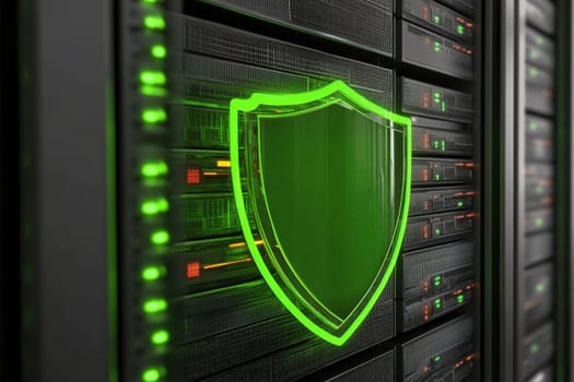 A green shield is displayed on a row of servers. The shield is glowing and he is protecting the servers