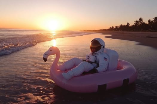 A man in a spacesuit is floating on a pink inflatable raft on a beach. The sun is setting in the background, creating a warm and peaceful atmosphere