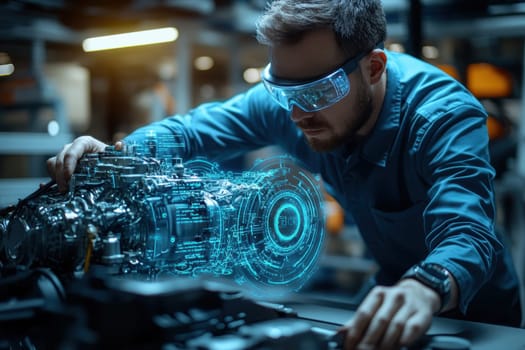 A man in a blue shirt is working on a machine with a blue and green design. He is wearing a pair of goggles and he is focused on his task. Concept of precision and attention to detail
