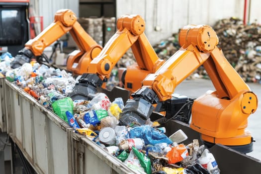 Advanced robotic arms swiftly sort waste materials in an innovative recycling facility, showcasing high-tech solutions for efficient waste management and environmental sustainability.