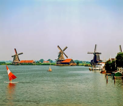 Windsurfing and windmills in Zaandam, Nethelands