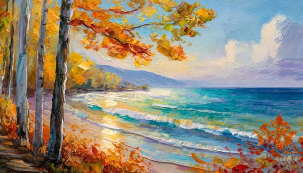Autumn Beach Landscape Painting - Generative AI
