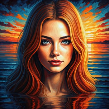 Woman With Fiery Hair Reflecting In Sunset Waters - Generative AI