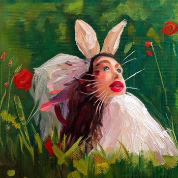 Whimsical Bunny Woman In A Field Of Flowers - Generative Art