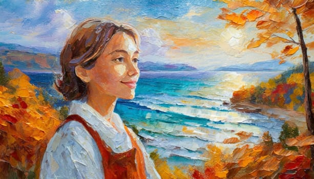 Woman In Autumn Landscape By The Sea - Generative AI