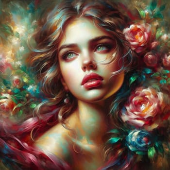 Abstract Floral Portrait Of A Young Woman - Generative AI