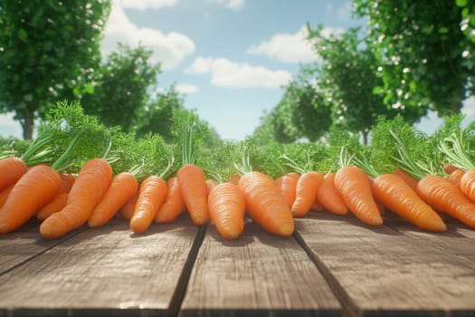 A rustic wooden table showcases freshly harvested carrots, vibrant and healthy, with lush green tops. The backdrop features a sunny sky and verdant garden, evoking a sense of freshness and nature.