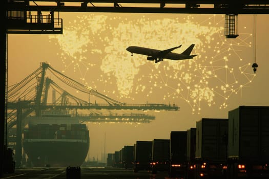 An airplane ascends against a sunset backdrop while a cargo ship is docked. This image captures the essence of global trade and transportation movements.