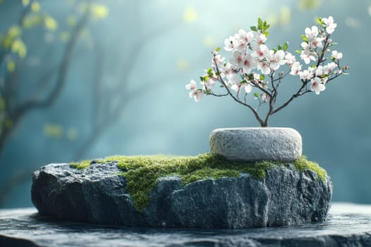 A beautifully arranged scene featuring a finely textured stone pedestal resting on a rocky surface, showcasing delicate blossoms and vibrant greenery, evoking tranquility.