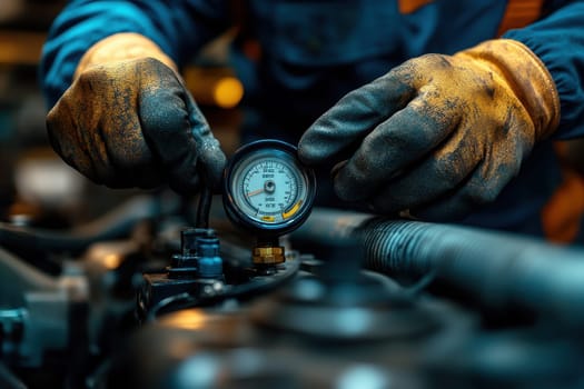 Close-up shot showcases an auto technician's hands in gloves carefully adjusting a pressure gauge, emphasizing precision and focus in a workshop environment.