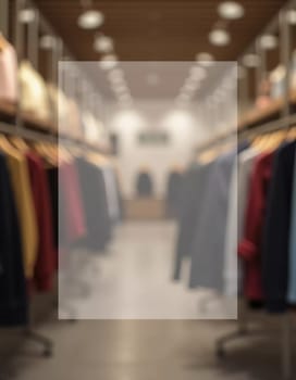 In a contemporary clothing store, racks display an assortment of fashionable apparel. Lighting enhances inviting atmosphere. Rectangular translucent free space for text in the middle of the image. AI.