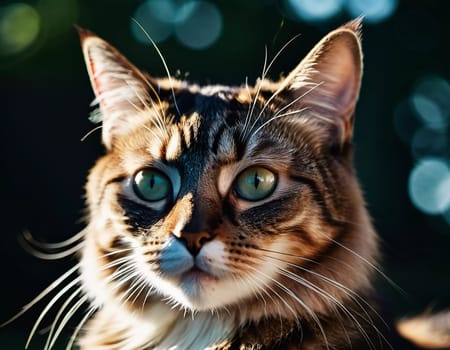 This beautiful cat with striking green eyes appears calm and composed. Its fur glistens against a blurred background, adding to its charm. Cats Felis are a genus of predatory mammals. Generative AI.