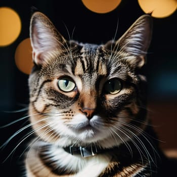 This beautiful cat with striking green eyes appears calm and composed. Its fur glistens against a blurred background, adding to its charm. Cats Felis are a genus of predatory mammals. Generative AI.