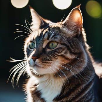 This beautiful cat with striking green eyes appears calm and composed. Its fur glistens against a blurred background, adding to its charm. Cats Felis are a genus of predatory mammals. Generative AI.