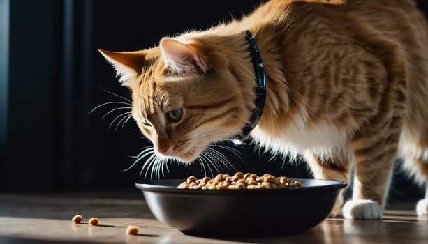 A cat with striking eyes is intently staring at a bowl filled with kibble, preparing to eat its meal in a warm and inviting home atmosphere. Healthy, high-quality nutrition for pets. Generative AI.