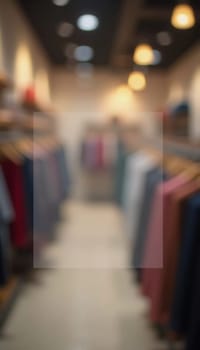 In a contemporary clothing store, racks display an assortment of fashionable apparel. Lighting enhances inviting atmosphere. Rectangular translucent free space for text in the middle of the image. AI.