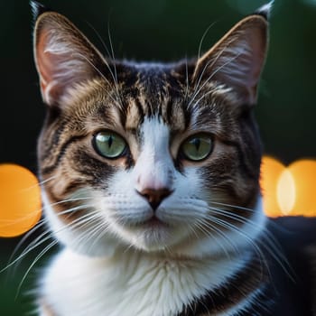 This beautiful cat with striking green eyes appears calm and composed. Its fur glistens against a blurred background, adding to its charm. Cats Felis are a genus of predatory mammals. Generative AI.