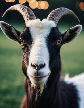 This friendly goat showcases a striking black and white coat, gazing calmly at the viewer. Bokeh lights create a warm atmosphere, enhancing the peaceful twilight setting. Generative AI.