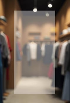 In a contemporary clothing store, racks display an assortment of fashionable apparel. Lighting enhances inviting atmosphere. Rectangular translucent free space for text in the middle of the image. AI.