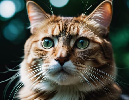 This beautiful cat with striking green eyes appears calm and composed. Its fur glistens against a blurred background, adding to its charm. Cats Felis are a genus of predatory mammals. Generative AI.