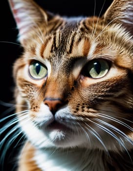 This beautiful cat with striking green eyes appears calm and composed. Its fur glistens against a blurred background, adding to its charm. Cats Felis are a genus of predatory mammals. Generative AI.