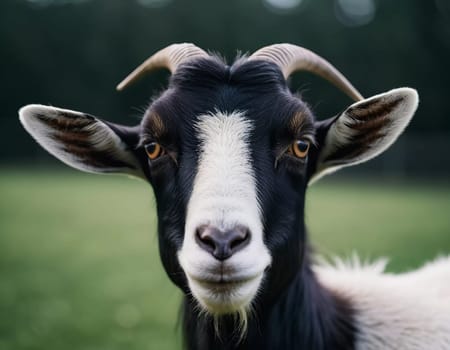 A black and white goat stands in a forest clearing, its curious expression and distinctive horns catching the light. The surrounding greenery enhances the serene atmosphere of the moment. Generative AI.