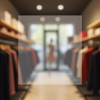 In a contemporary clothing store, racks display an assortment of fashionable apparel. Lighting enhances inviting atmosphere. Rectangular translucent free space for text in the middle of the image. AI.