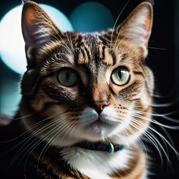 This beautiful cat with striking green eyes appears calm and composed. Its fur glistens against a blurred background, adding to its charm. Cats Felis are a genus of predatory mammals. Generative AI.