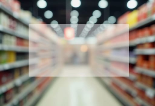 The goods are displayed invitingly for browsing. Packaged food products line the shelves of a grocery store aisle creating lively atmosphere for shoppers. Colored fruits and vegetables. Generative AI.