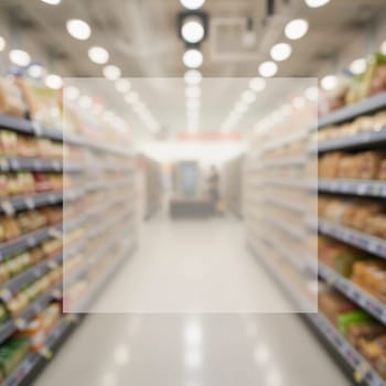 The goods are displayed invitingly for browsing. Packaged food products line the shelves of a grocery store aisle creating lively atmosphere for shoppers. Colored fruits and vegetables. Generative AI.